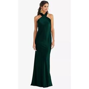 2873 NWT Lovely LB025 Lovely Draped Twist Halter Tie-Back Trumpet Gown Evergreen
